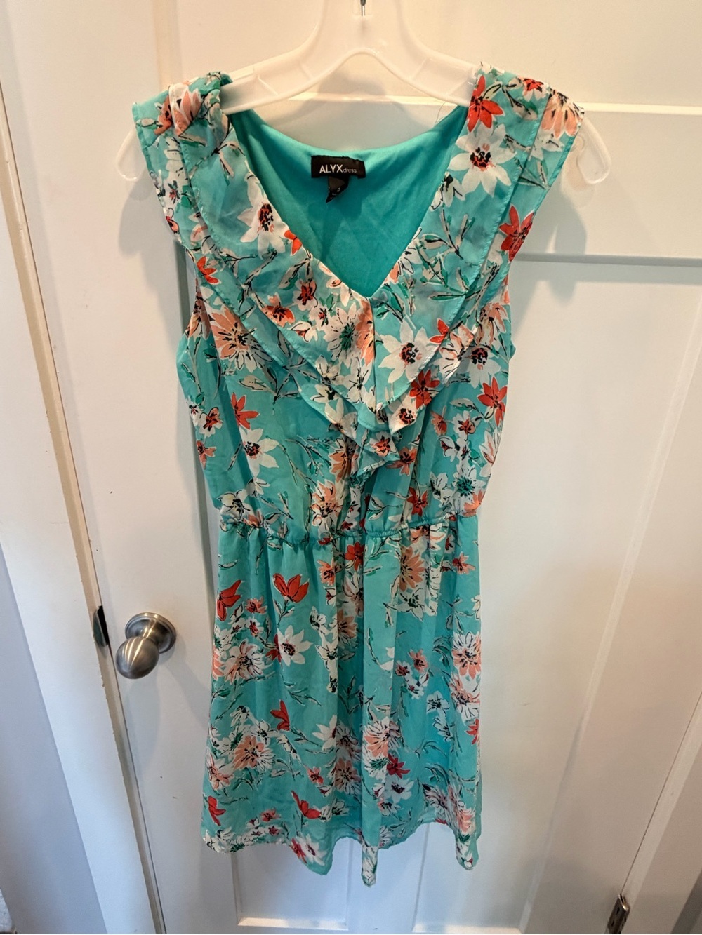 ALYX Dress Size 8 Aqua Floral Ruffle V-Neck Sleeveless Fit & Flare Dress